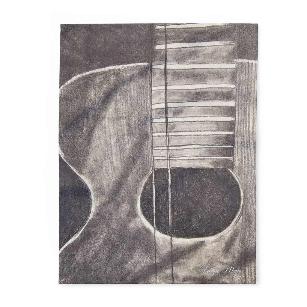 Gray acoustic guitar sketch fleece blanket, close-up of guitar body outline and fret bars