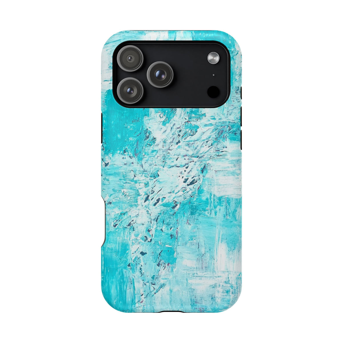 Turquoise abstract phone case with three camera lenses and a dark speaker opening.
