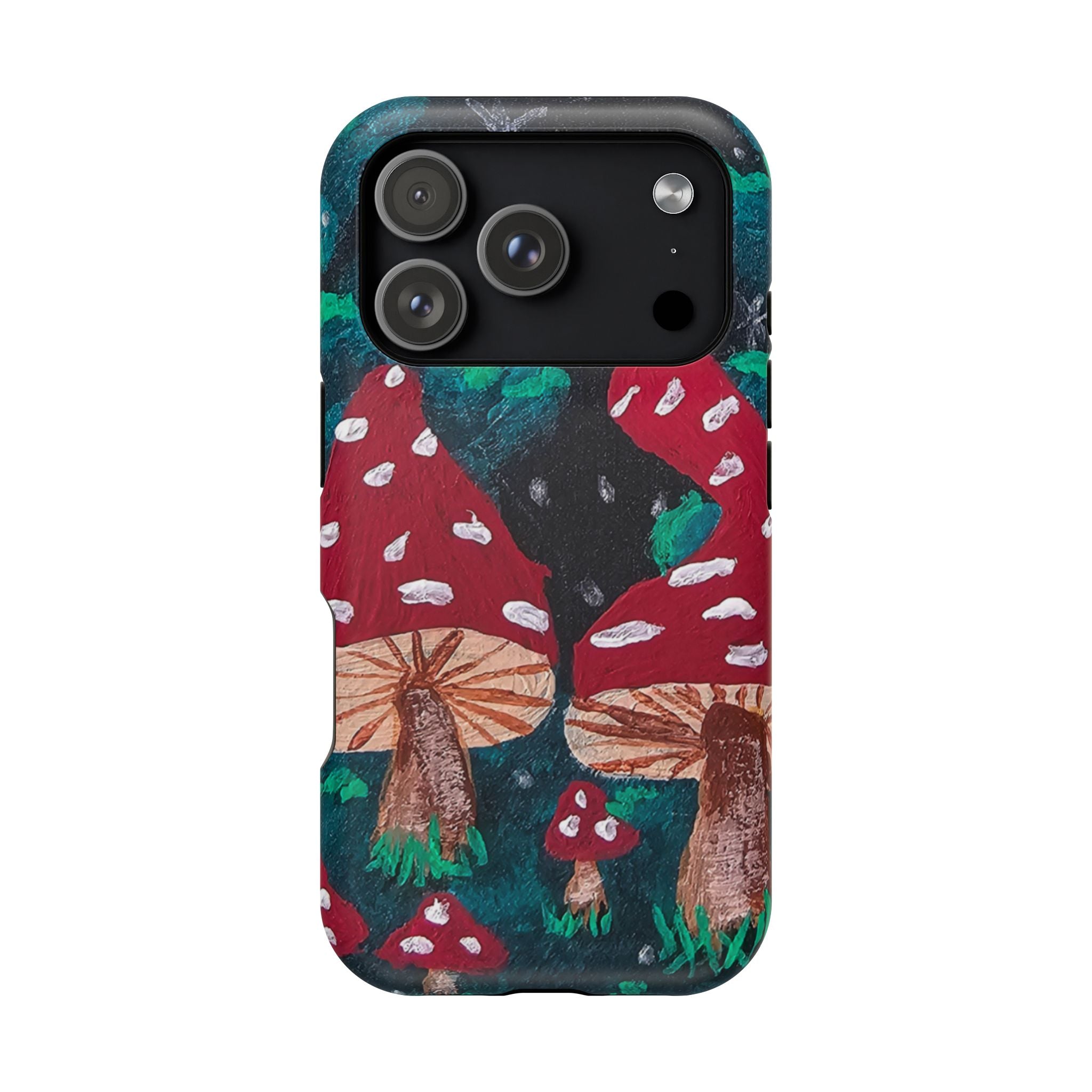 Phone case with red toadstool forest design, four-lens camera module on top