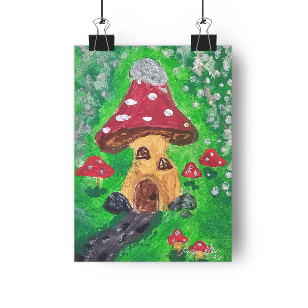 Fairy garden wall art print of red mushroom house with gray cap and black rocks