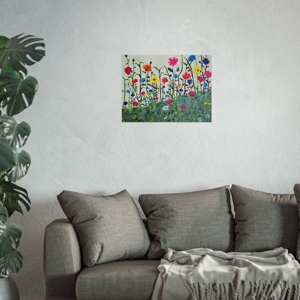 Matte floral art poster with colorful wildflowers in a meadow scene
