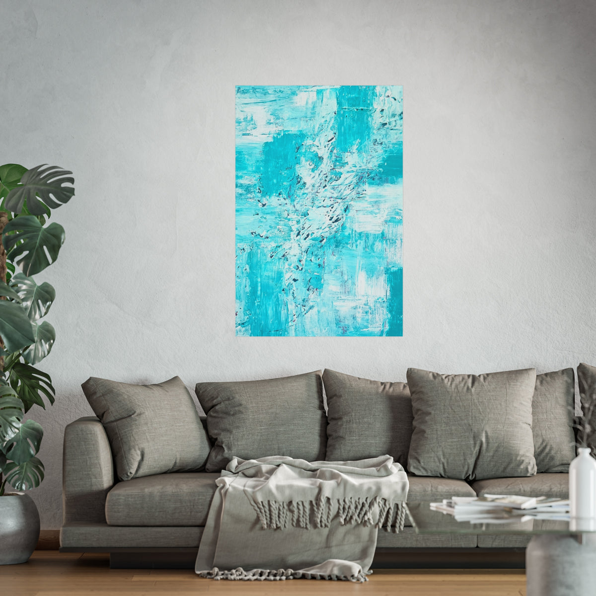 Turquoise abstract ocean art poster with textured paint layers, square format.