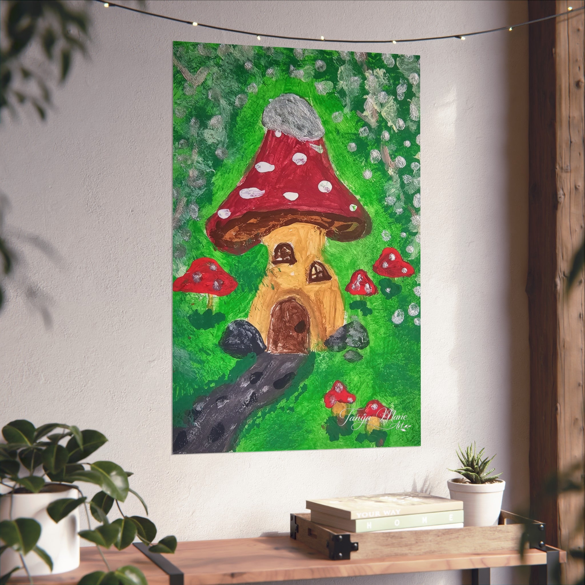 Matte fine art poster: whimsical cottage under a red mushroom cap with green forest texture