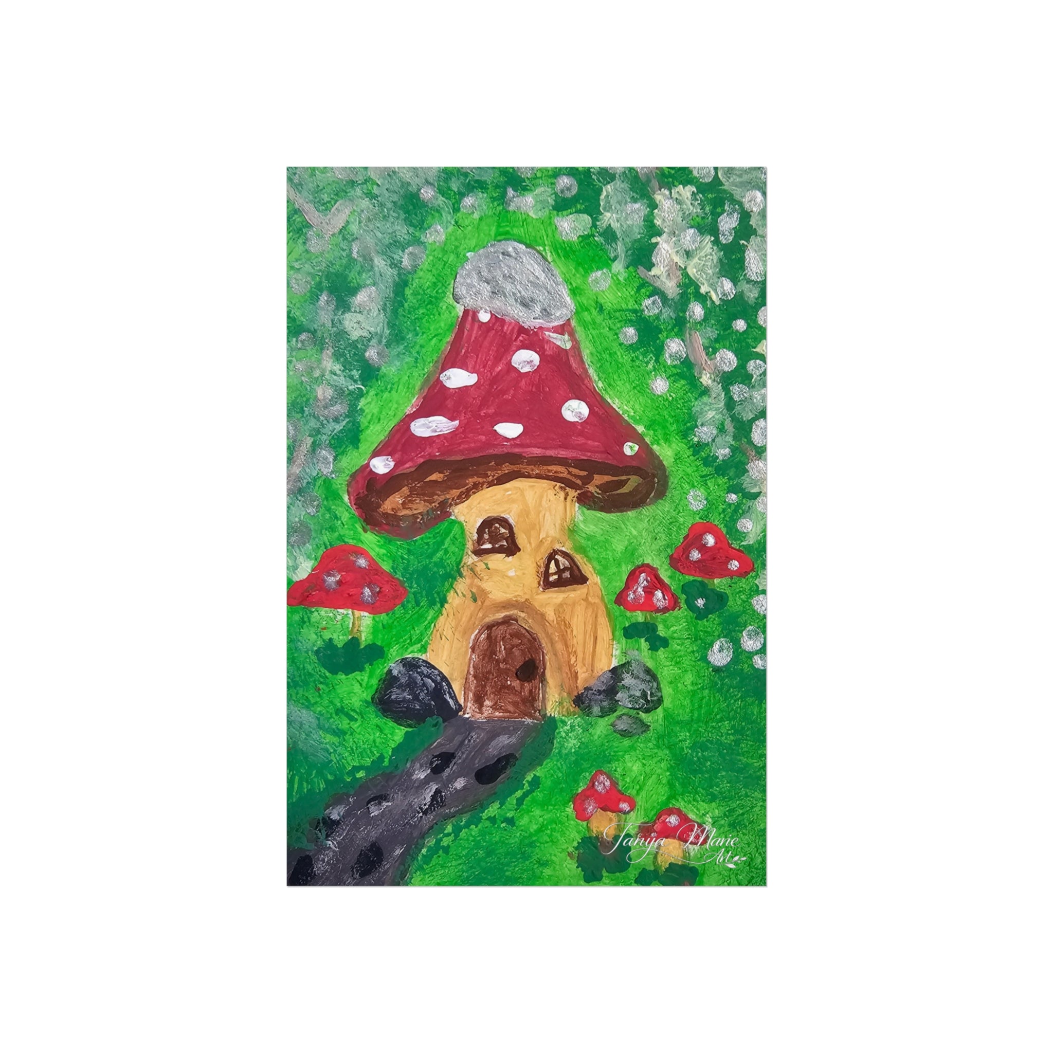 Matte fine art poster: cozy mushroom cottage illustration with red caps and green speckled background