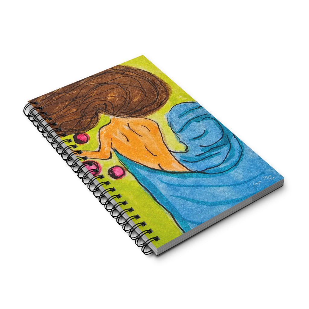 Spiral journal with watercolor fantasy cover, woman portrait in orange and blue with green background
