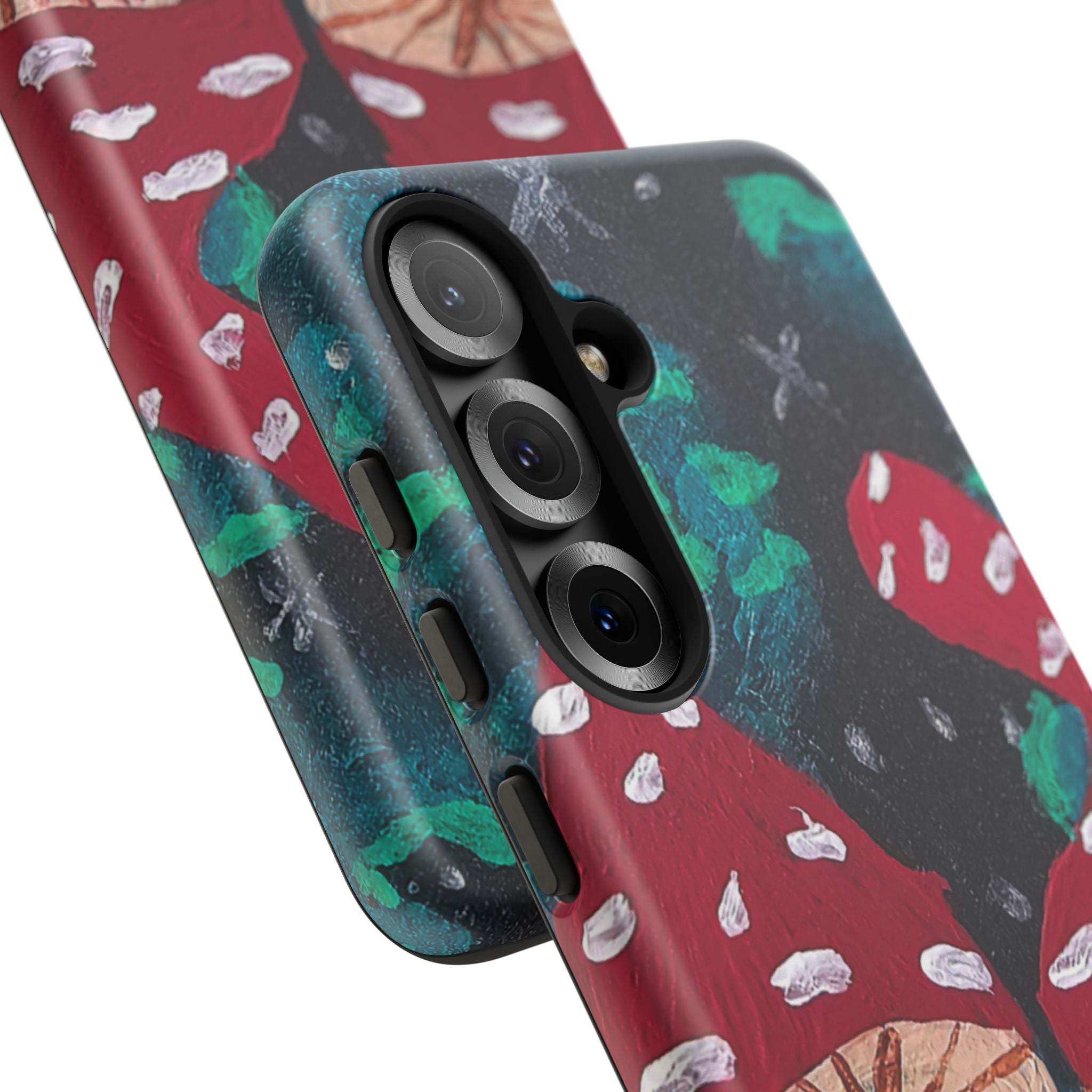 Rugged phone case with mushroom forest design, camera lenses and protective bumper visible