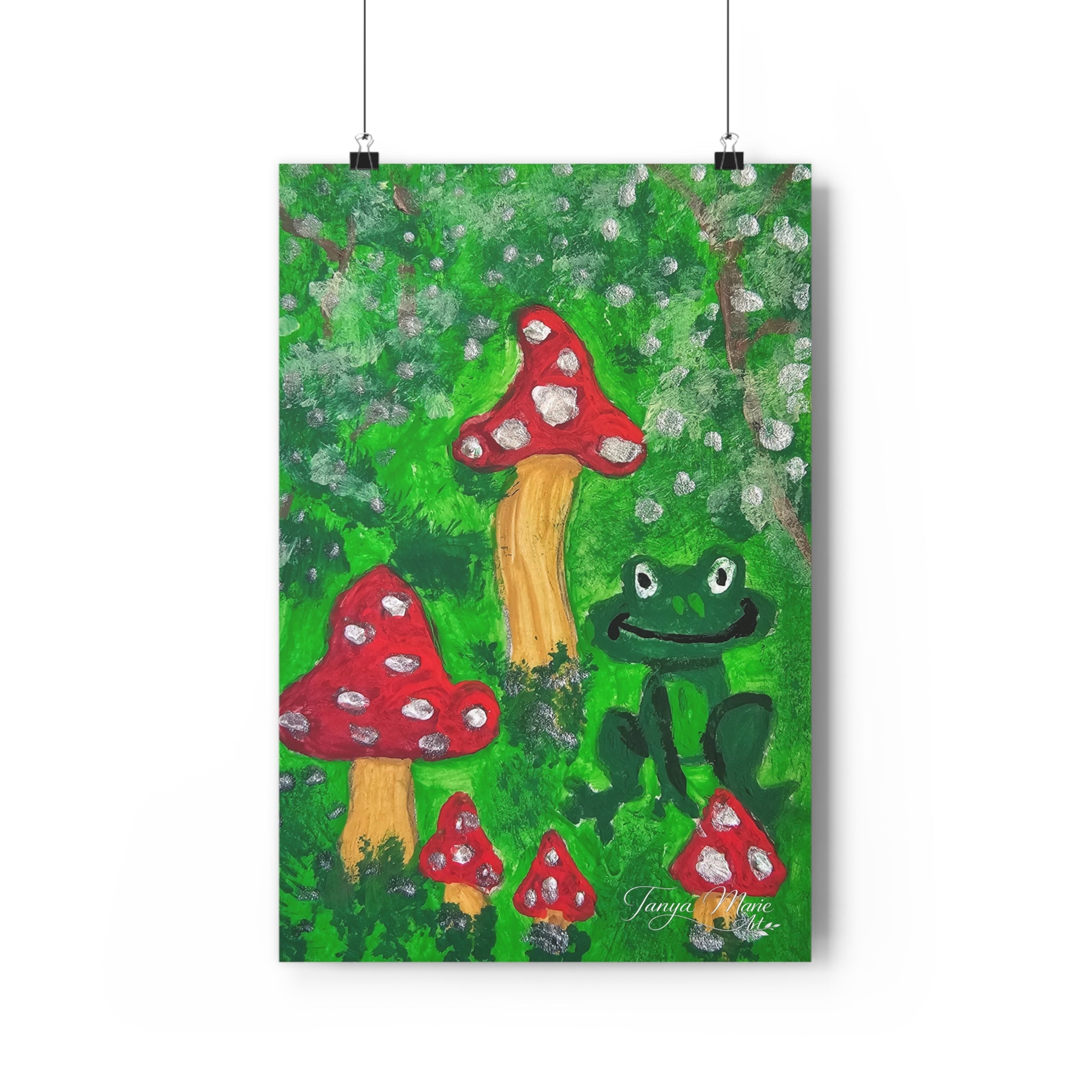 Giclée art print with frog and red toadstools in a green forest scene