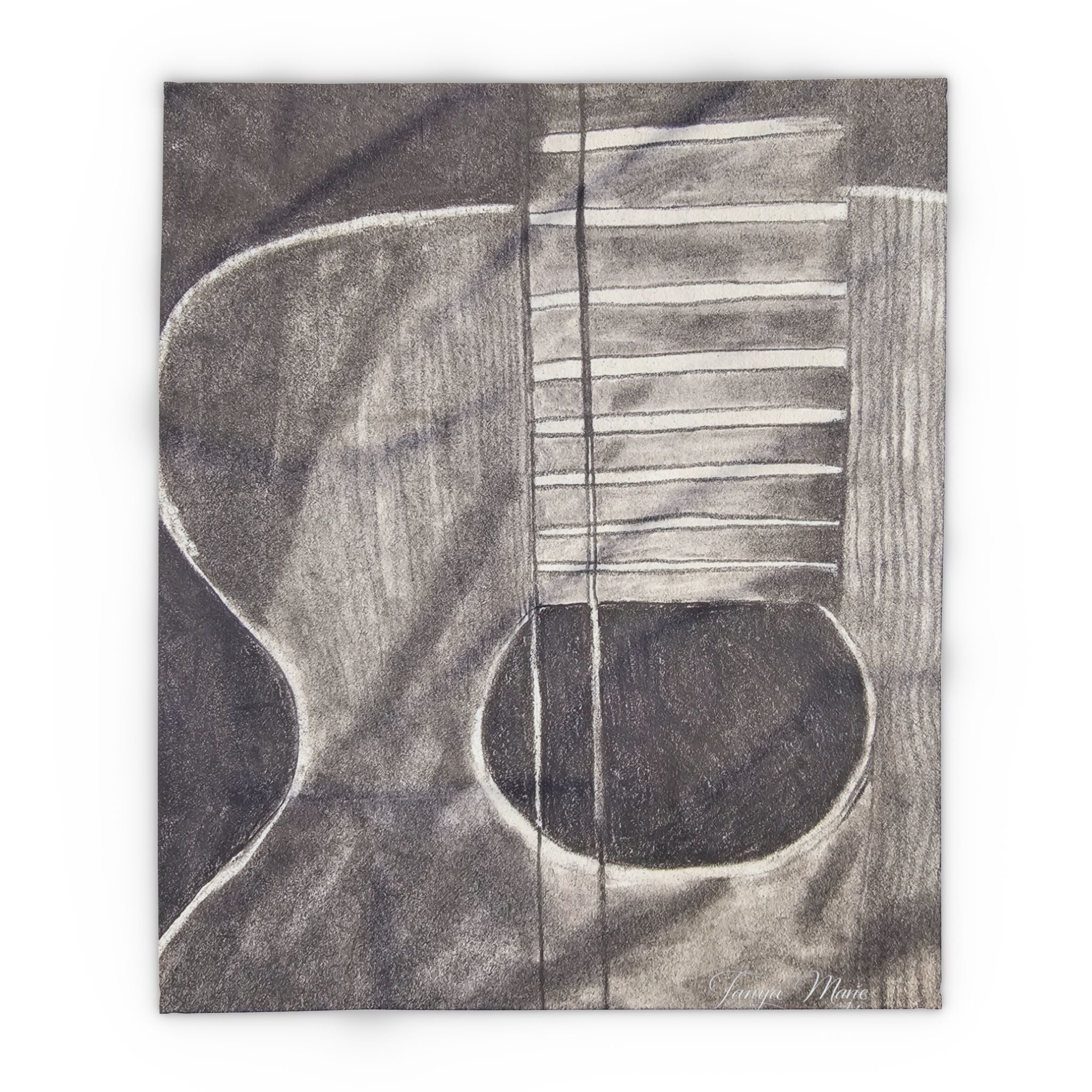 Gray acoustic guitar sketch fleece blanket, close-up of guitar body, strings, and fret lines