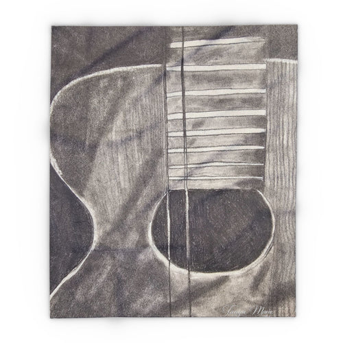 Gray acoustic guitar sketch fleece blanket, close-up of guitar body, strings, and fret lines