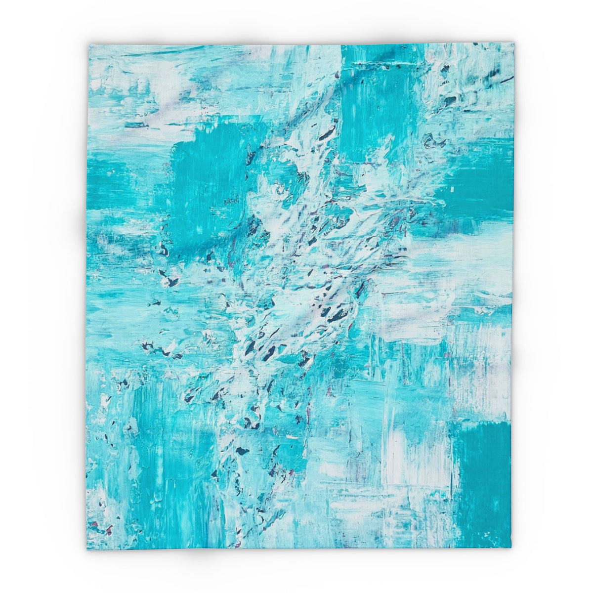 Turquoise abstract fleece blanket featuring bright blue and white paint-like streaks.