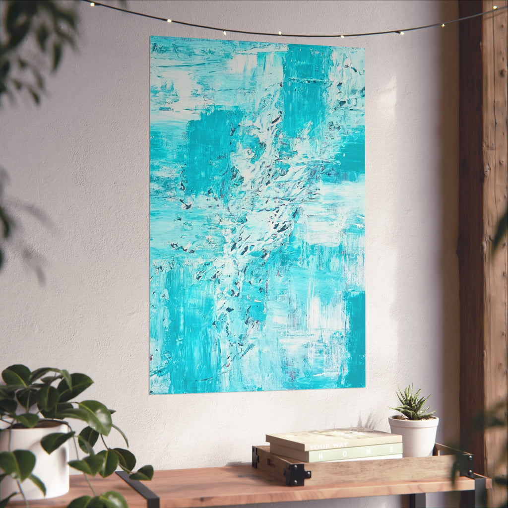 Close view of a turquoise abstract ocean art poster with textured brushstroke patterns.