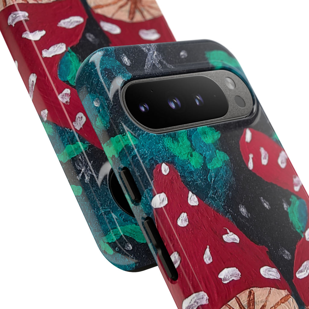 Rugged phone case with mushroom forest print and centered camera protection frame