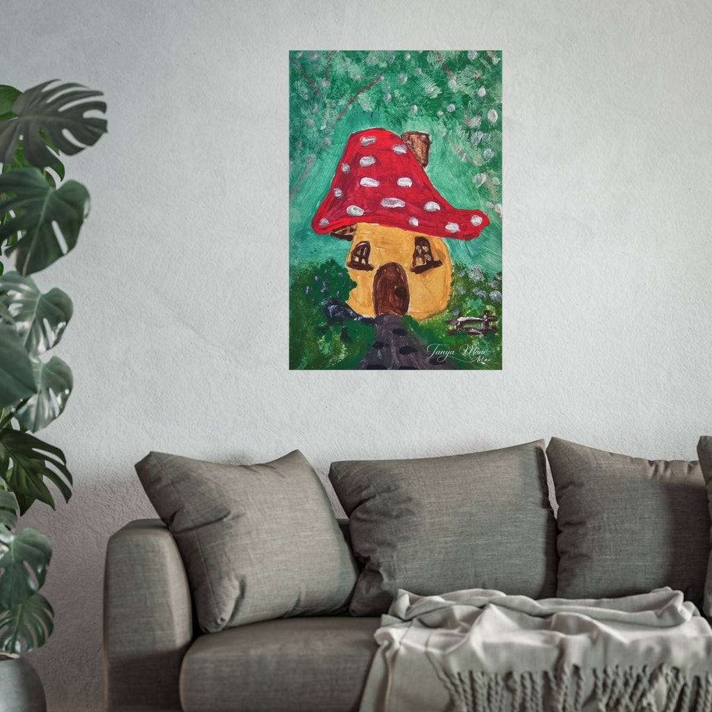 Square fine art poster featuring a mushroom cottage: red cap, yellow walls, green background