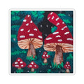 Kiss-cut sticker showing red-and-white mushrooms with green foliage and brown stems