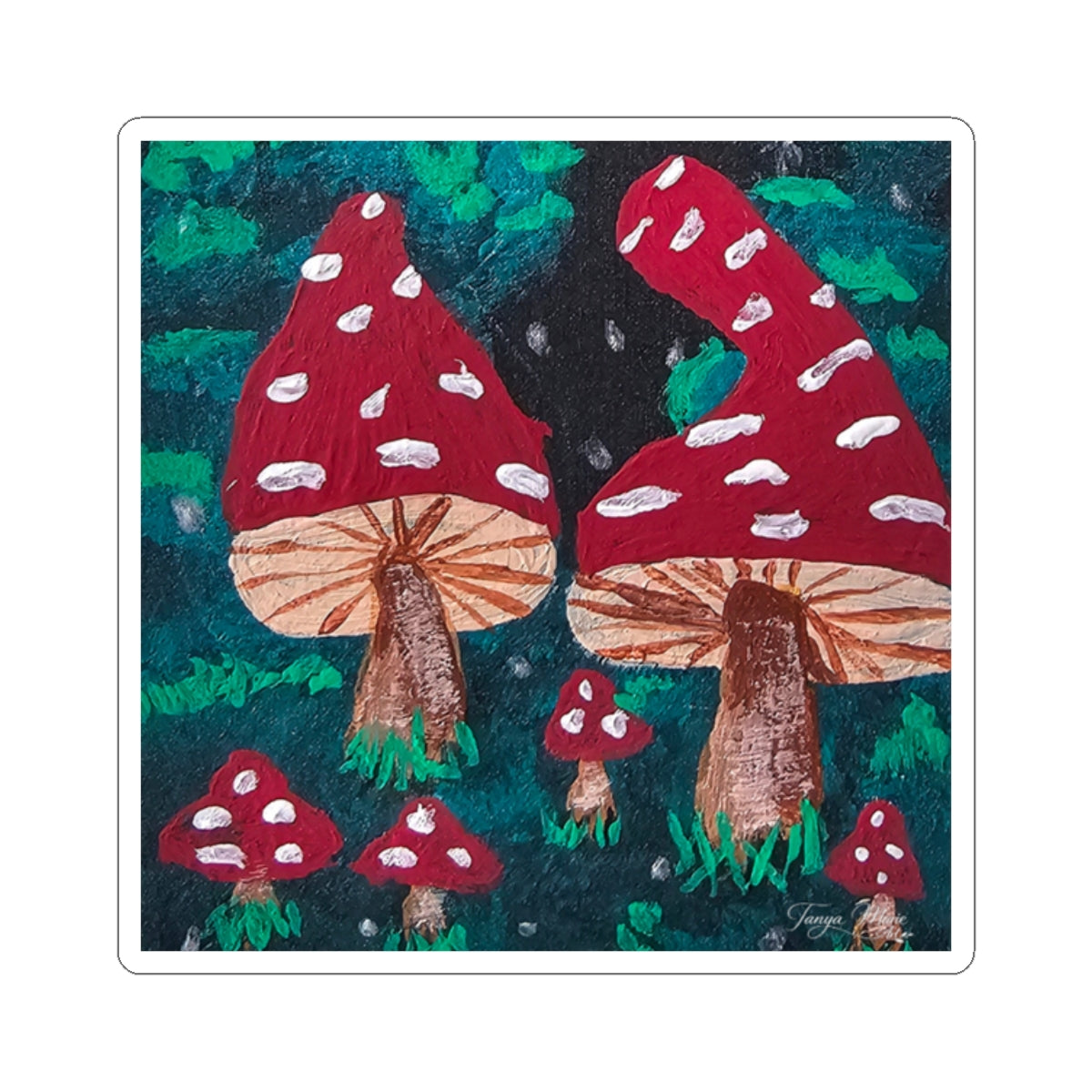 Kiss-cut sticker showing red-and-white mushrooms with green foliage and brown stems