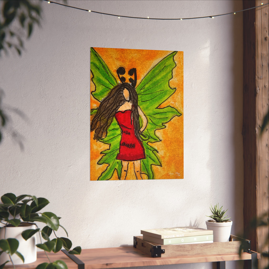 Fairy poster print: winged woman in red dress, green wings, orange background