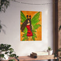 Fairy poster print: winged woman in red dress, green wings, orange background