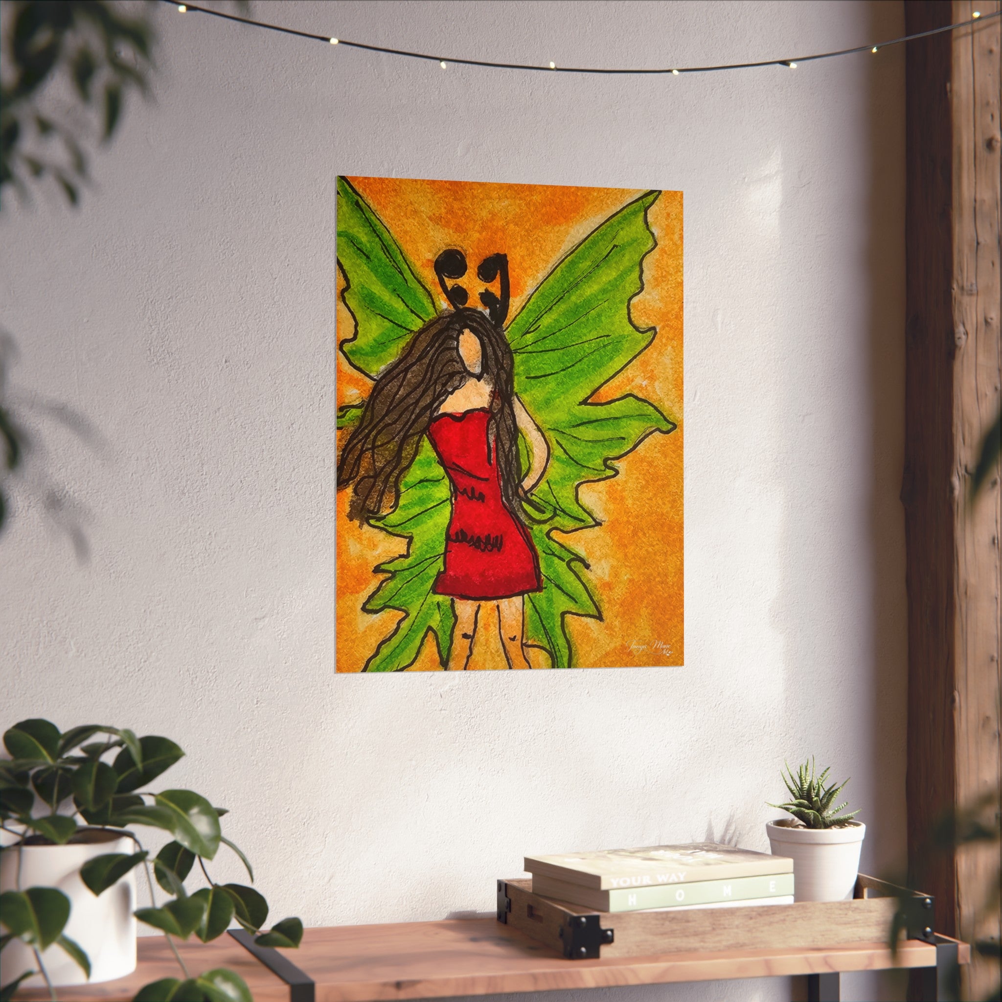 Fairy poster print: winged woman in red dress, green wings, orange background