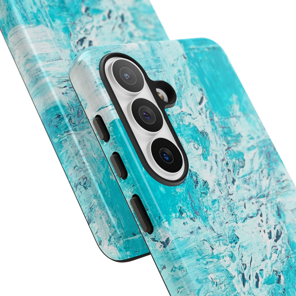 Turquoise marble case close-up showing camera lenses and protective raised edges