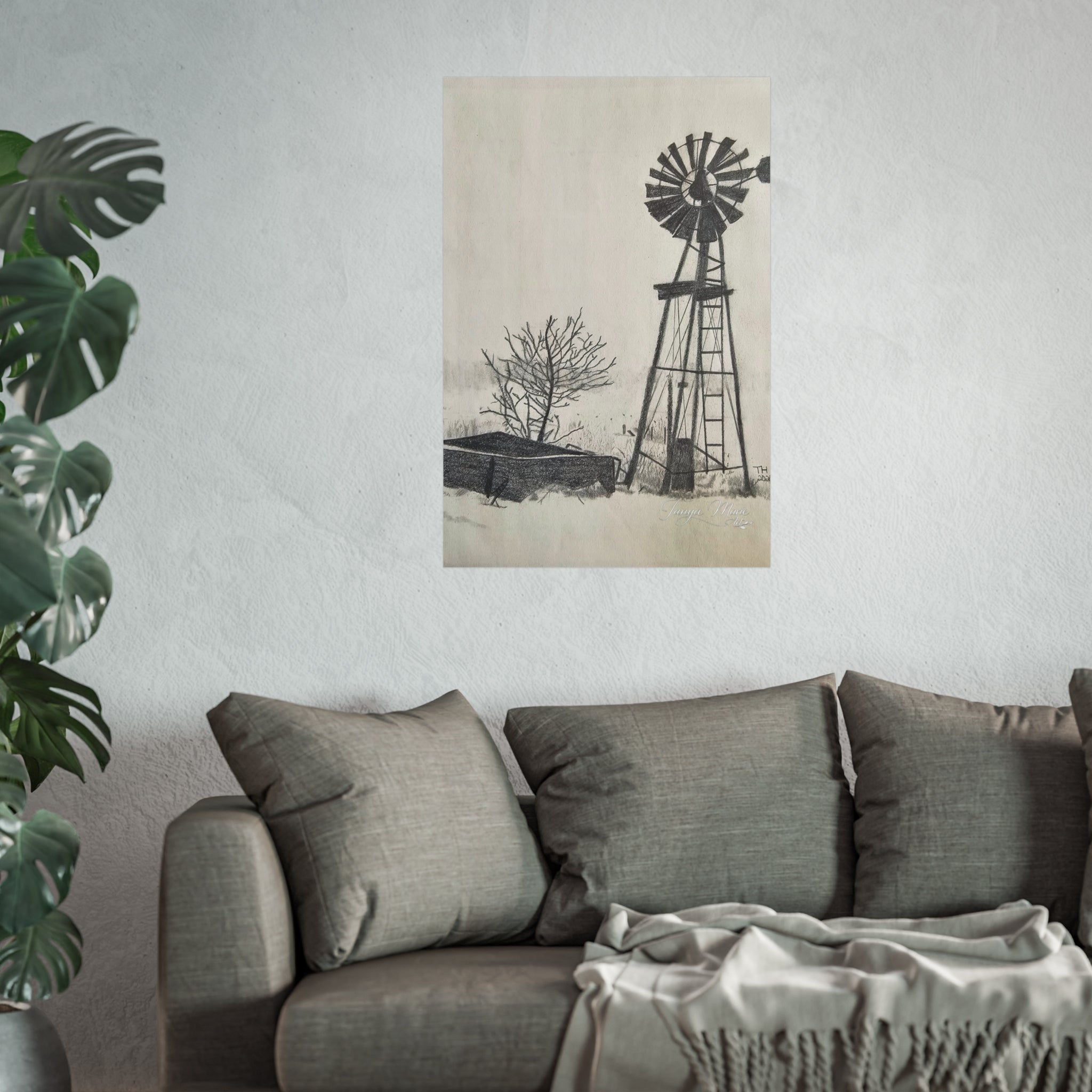 Windmill Sketch Fine Art Poster — Rustic Black & White Wall Art