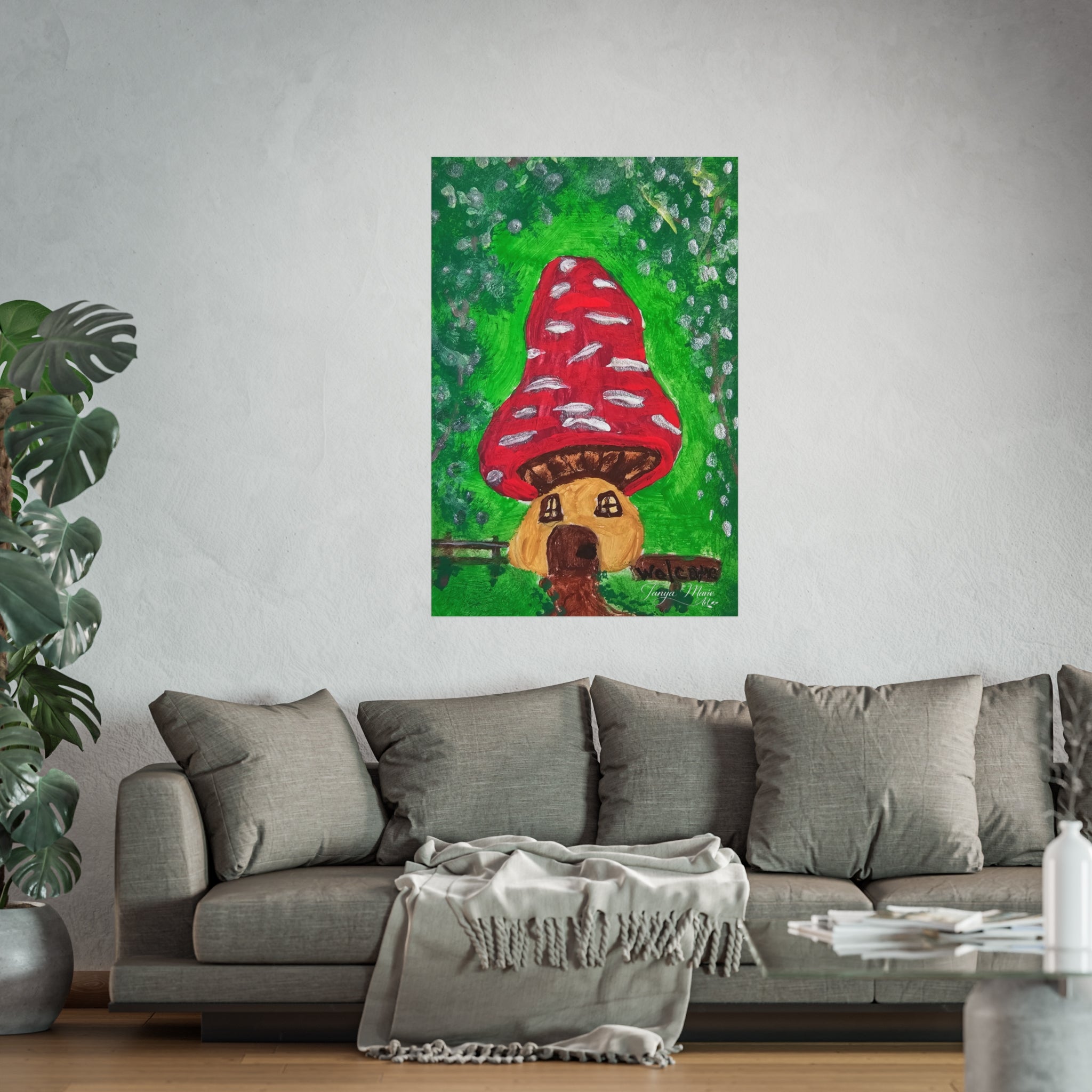 Whimsical fairy garden wall art poster with red mushroom house and green foliage