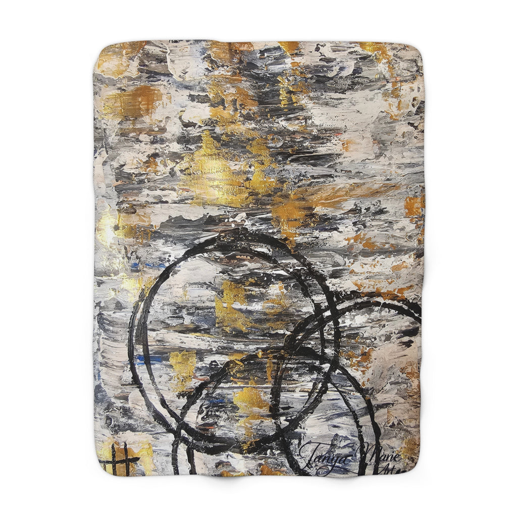 Rectangular sherpa throw with abstract gold specks and dark charcoal linework circles