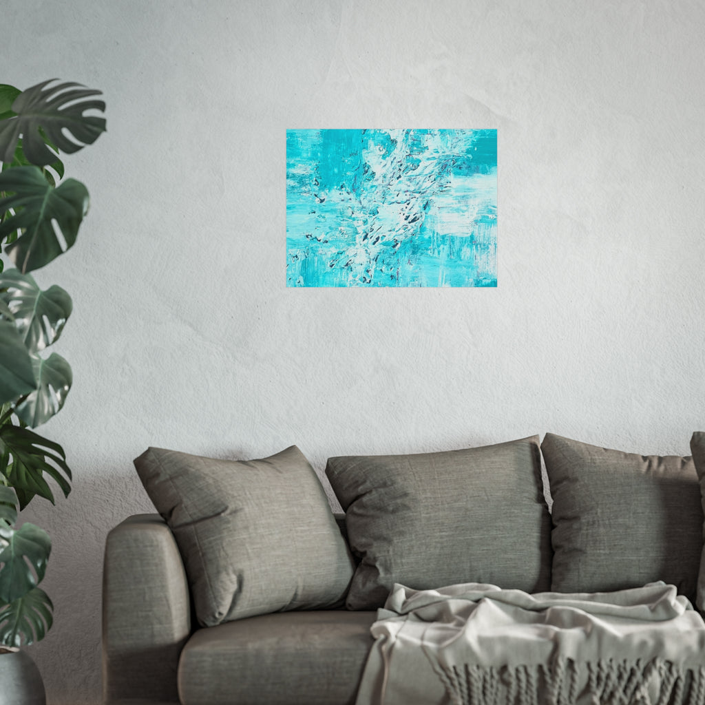 Turquoise abstract art poster featuring textured blue and white swirls on matte paper.
