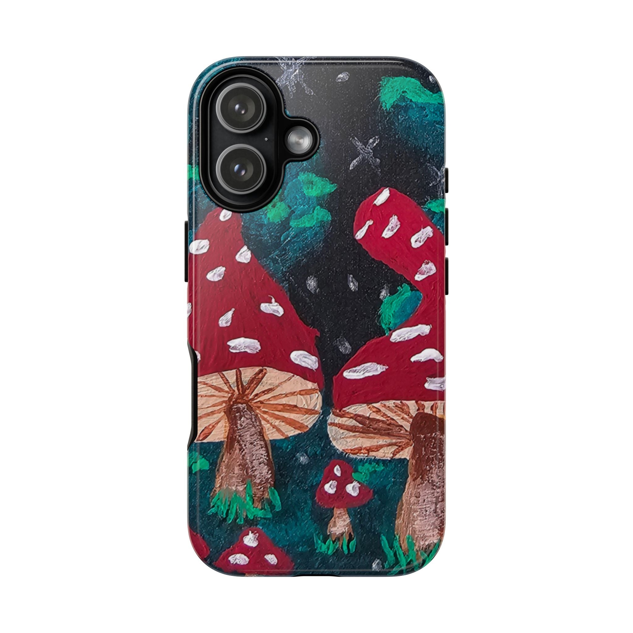 Tough phone case with mushroom forest print and teal edge; side buttons visible along left.