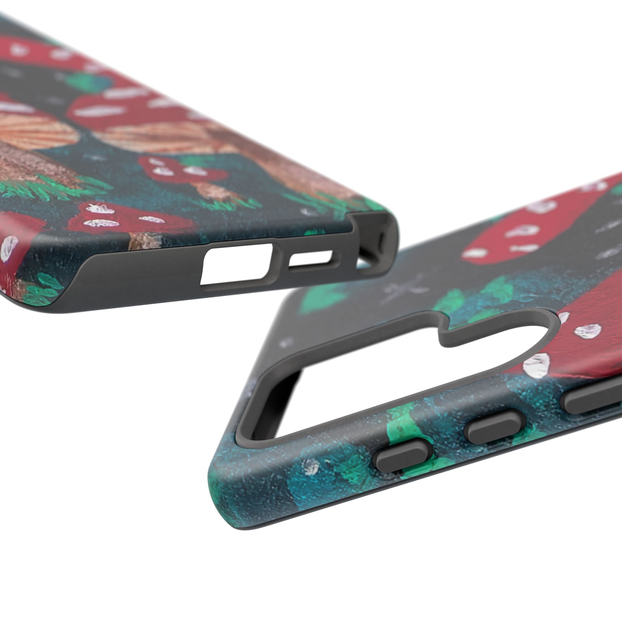 Tough phone case angled with front bumper and side port cutouts over mushroom pattern.