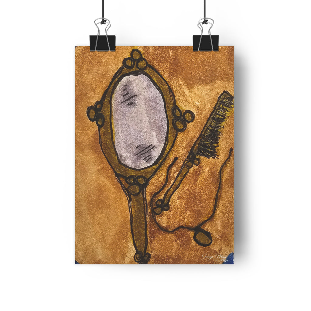 Vintage hand mirror and comb art print with oval mirror illustration, clipped to cords