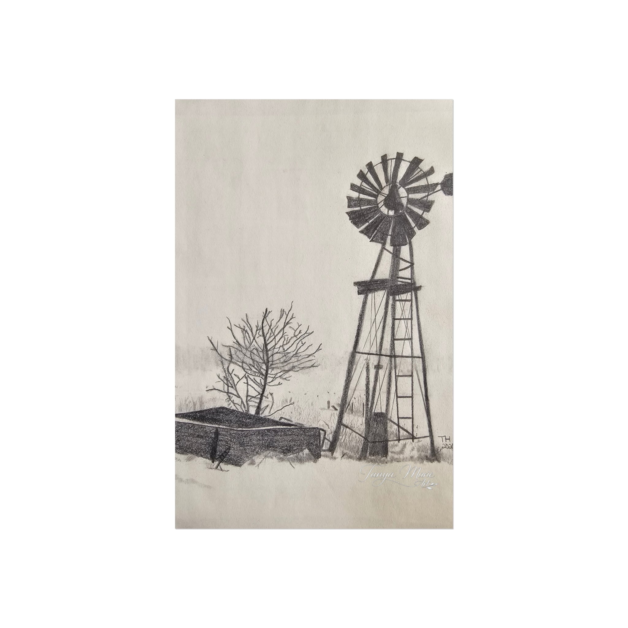 Windmill Sketch Fine Art Poster — Rustic Black & White Wall Art