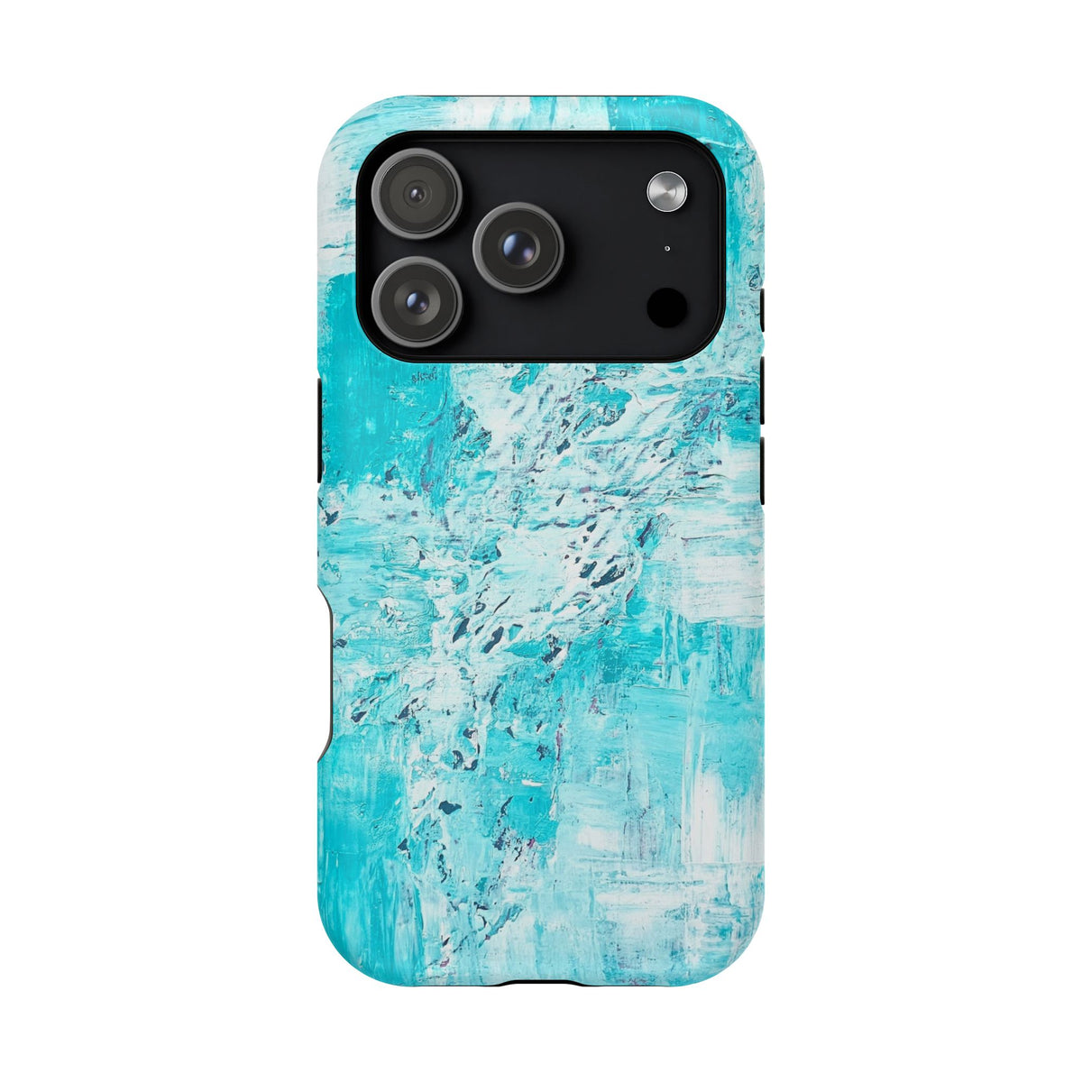 Turquoise abstract phone case with three-lens camera module and small side openings.