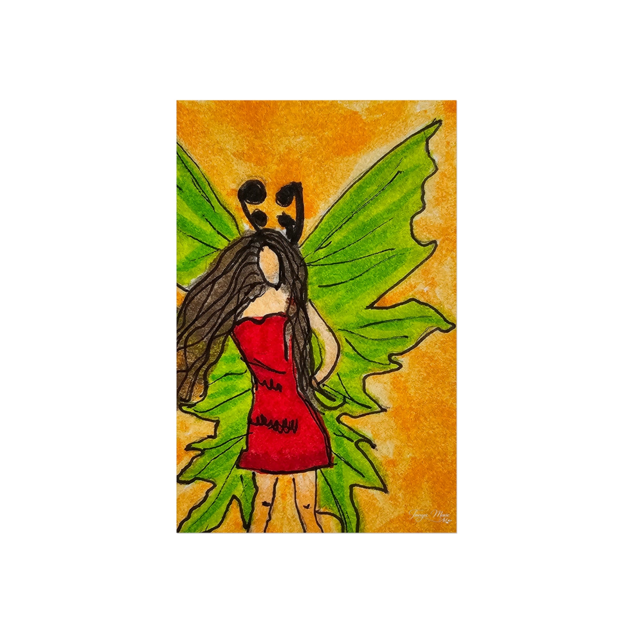 Fairy poster print with a winged woman in a red dress, green wings, orange backdrop