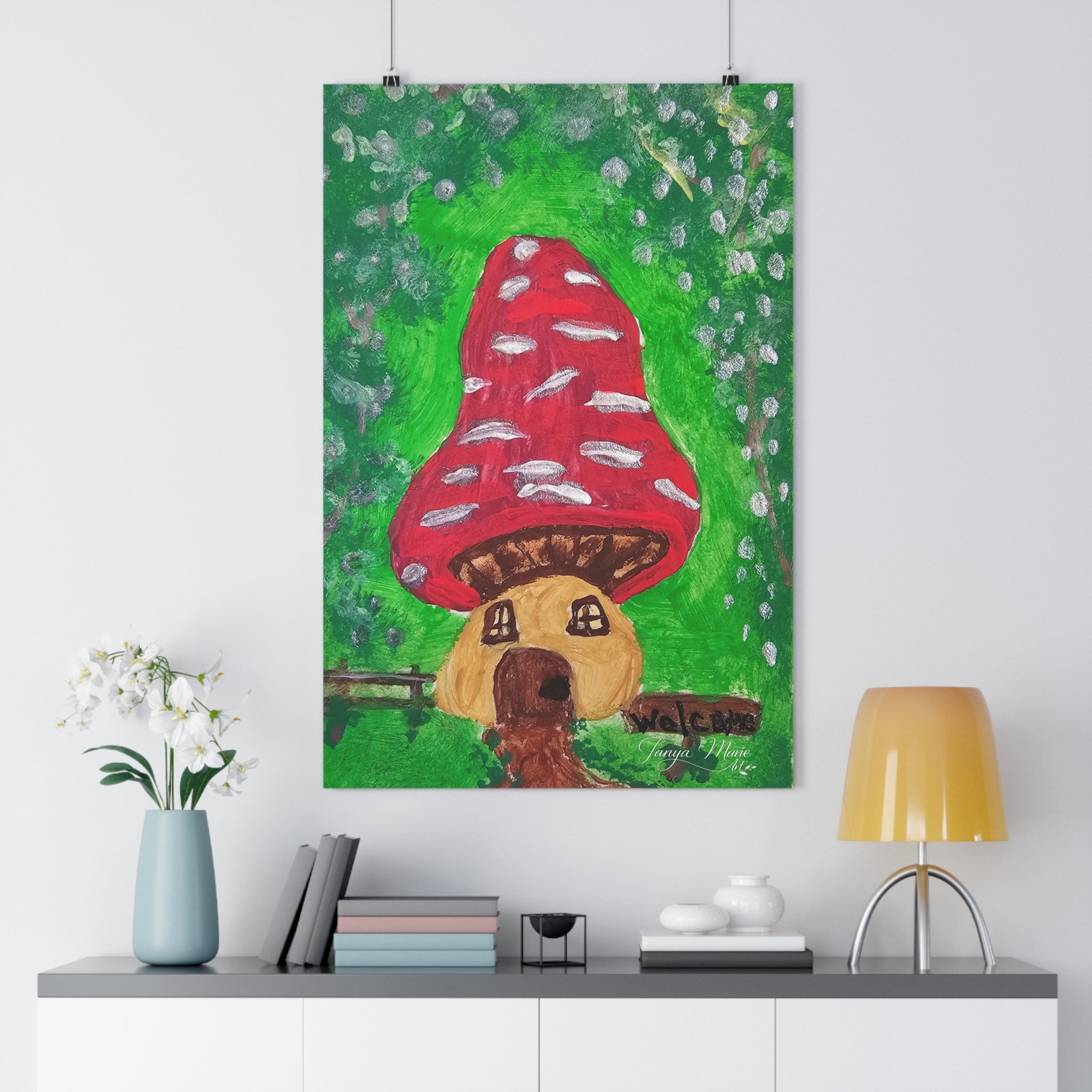 Wall art print with red mushroom house cap, white speckles, and brown dog