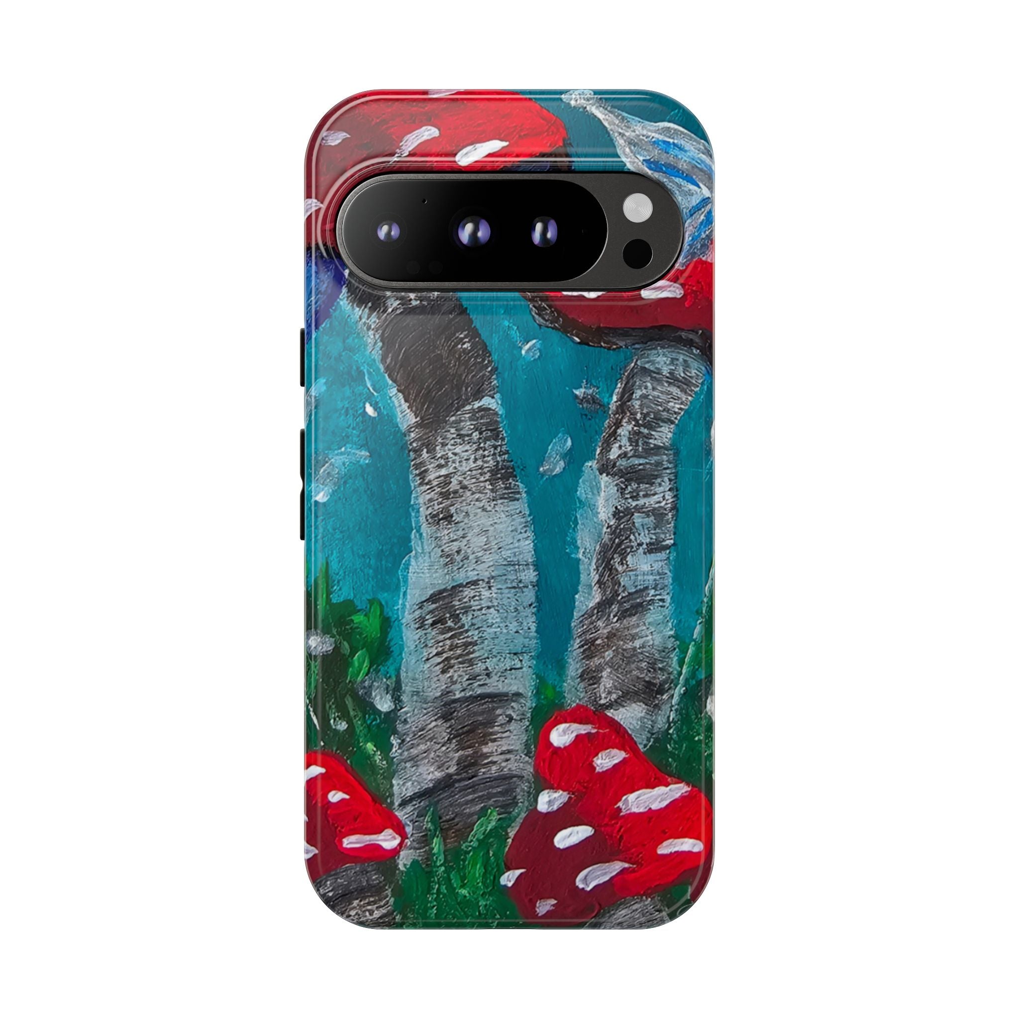 Phone case with glossy finish, close front view of teal birch pattern and red toadstools.