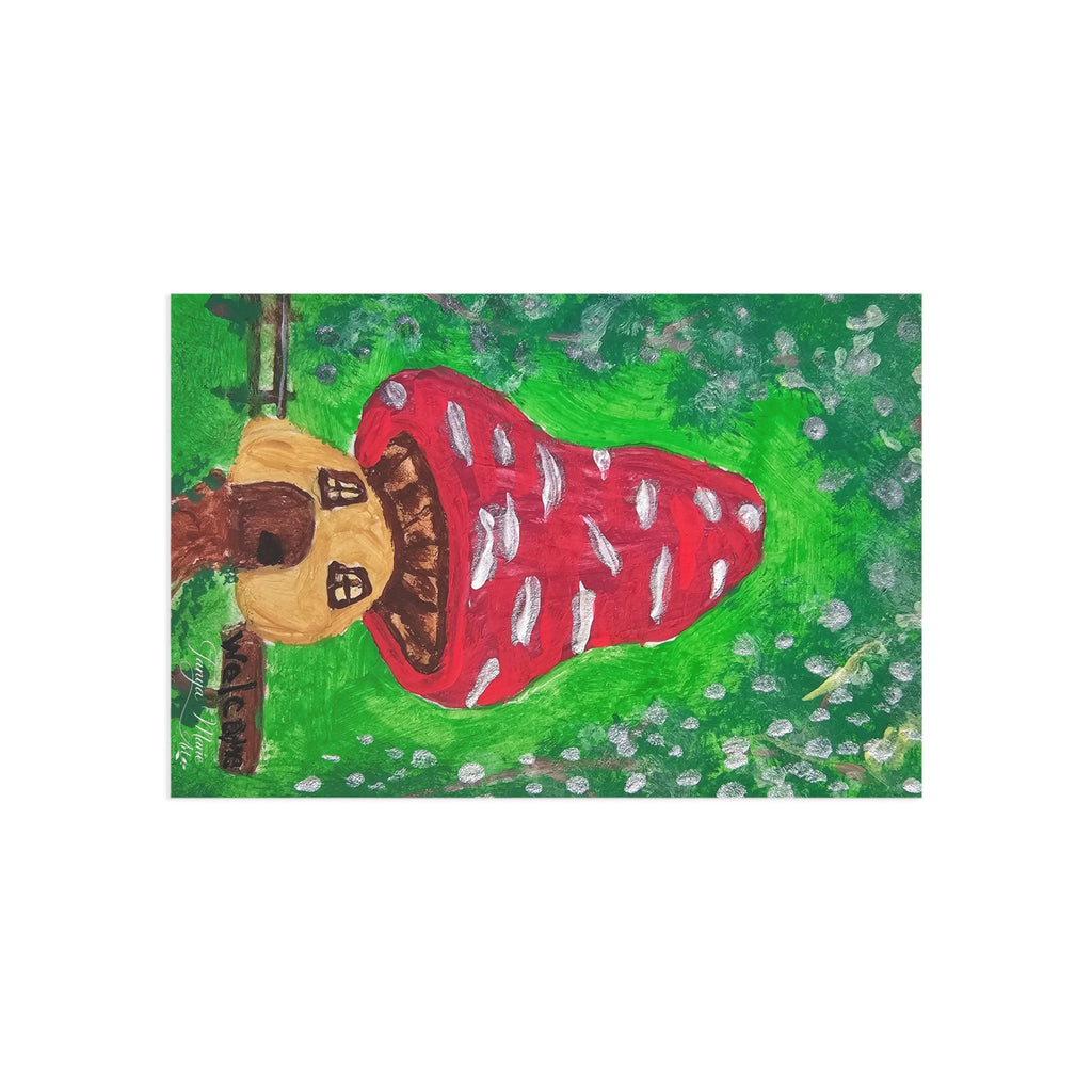 Colorful mushroom postcard close-up: red spotted toadstool with brown dog on green
