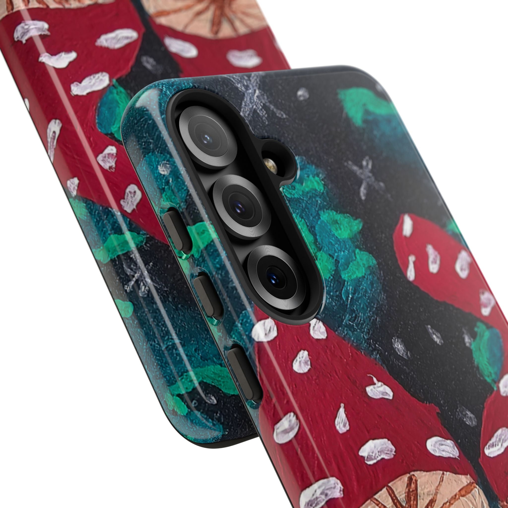 Tough phone case close-up: mushroom forest print with raised camera protection and openings.