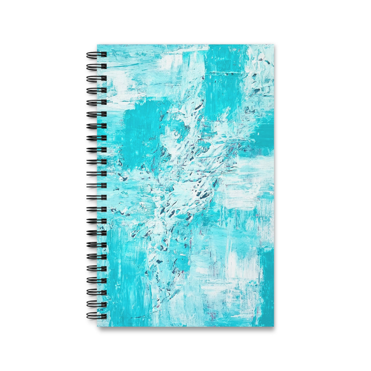 Turquoise abstract spiral journal, flat front view, black coil binding.