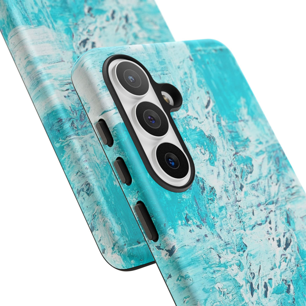Turquoise marble tough case close-up with abstract ocean blue design and lens cutouts
