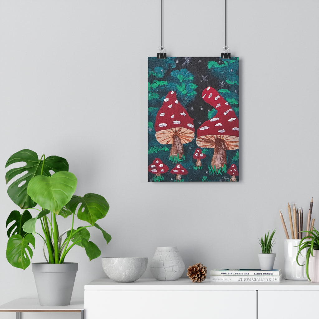 Giclée art print with red toadstools and green forest nightscape