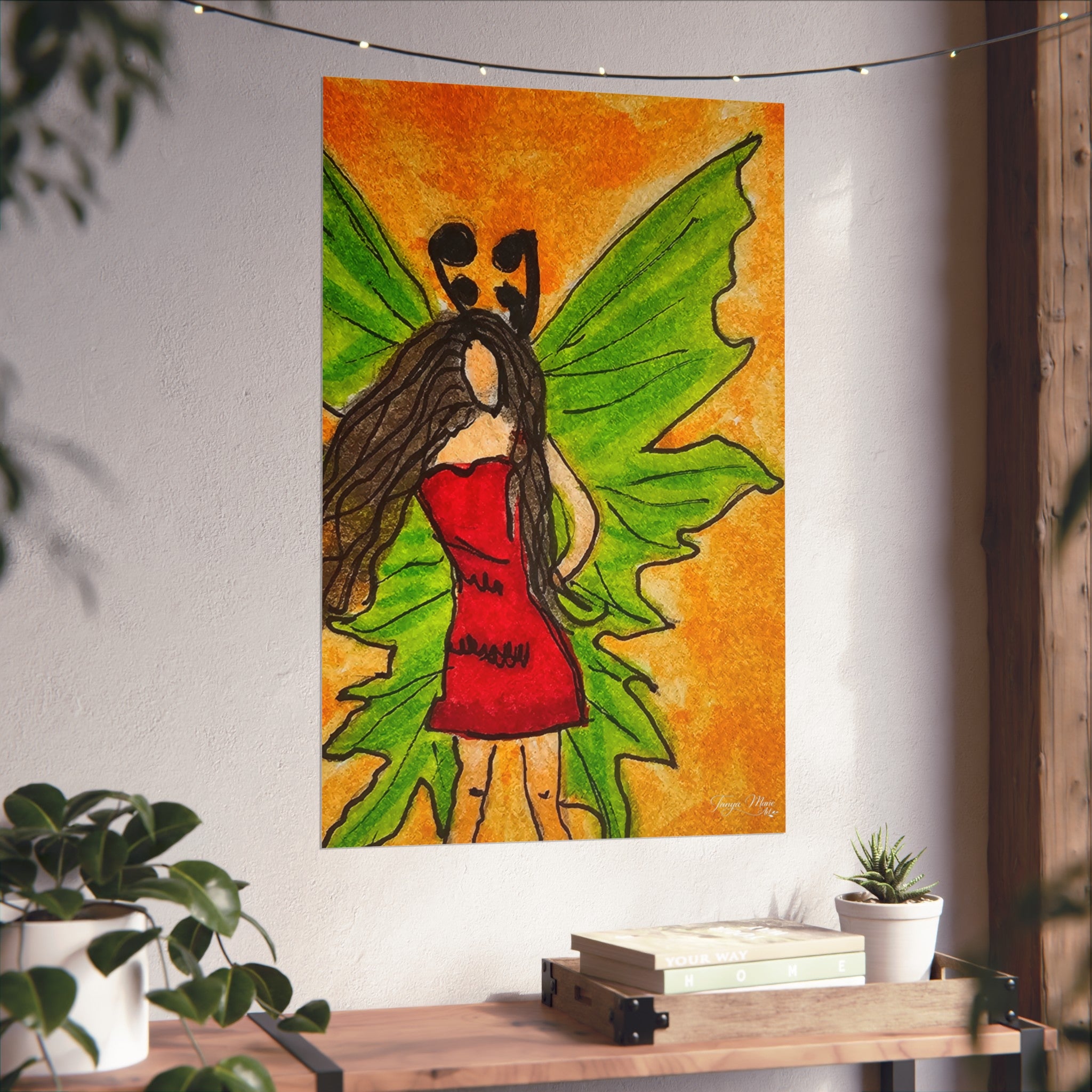 Wall-mounted fairy poster print showing winged woman in red dress and green wings