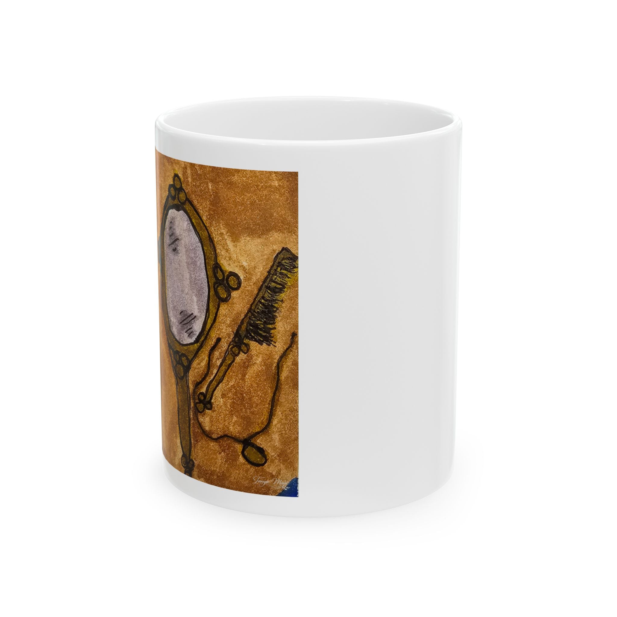 Ceramic coffee mug with oval vanity mirror art on golden panel, side view