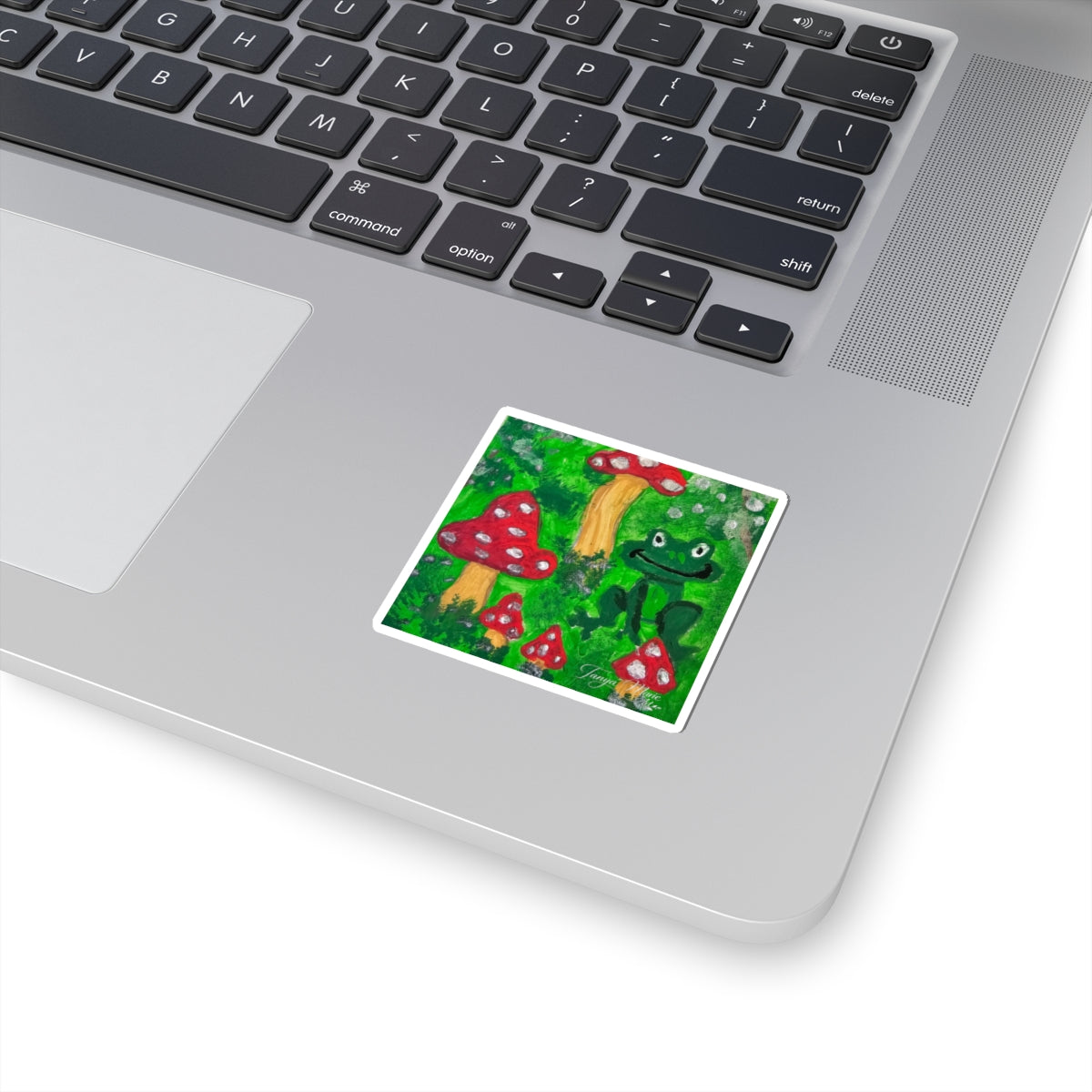 Garden frog and red toadstools kiss-cut sticker, square with green border