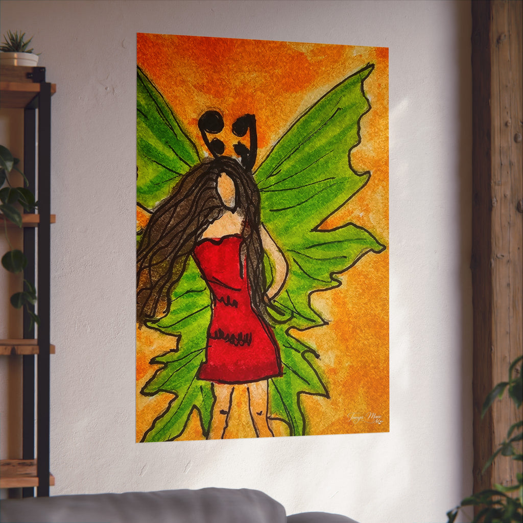 Fairy woman wall print with red dress and green wings, hanging decor poster