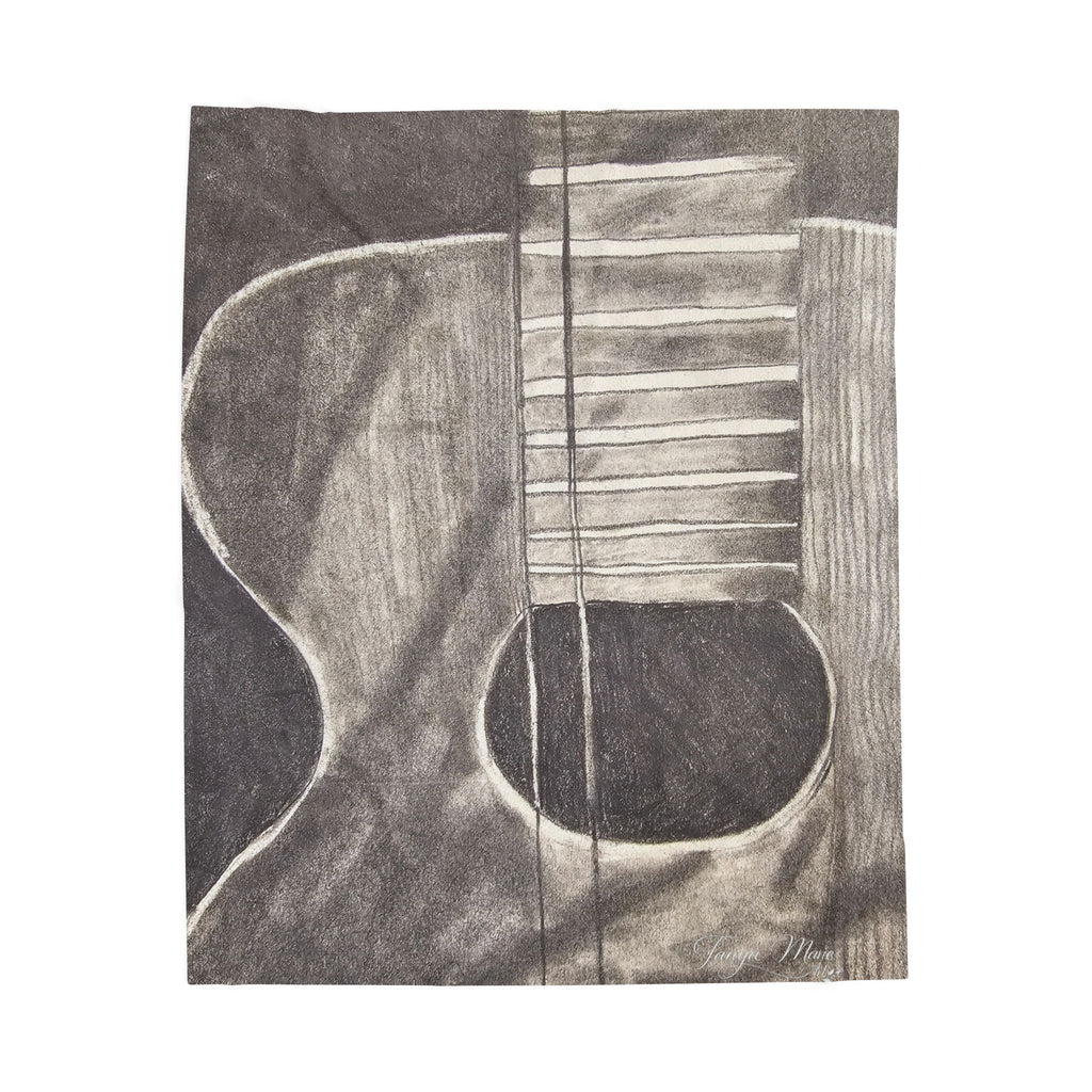 Acoustic guitar sketch velveteen plush blanket, detailed gray-and-white guitar design