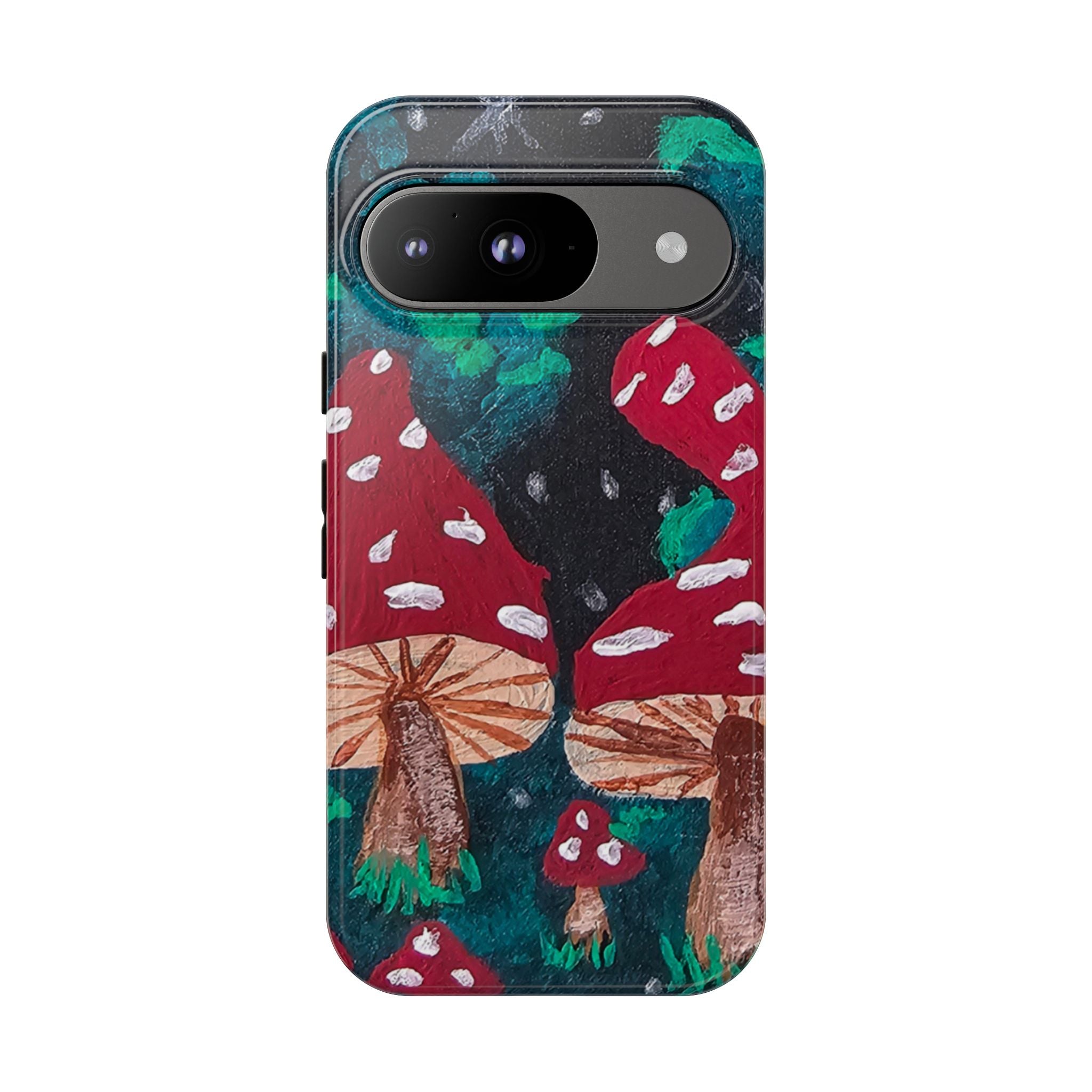 Tough phone case front view with mushroom forest artwork, dual camera cutout