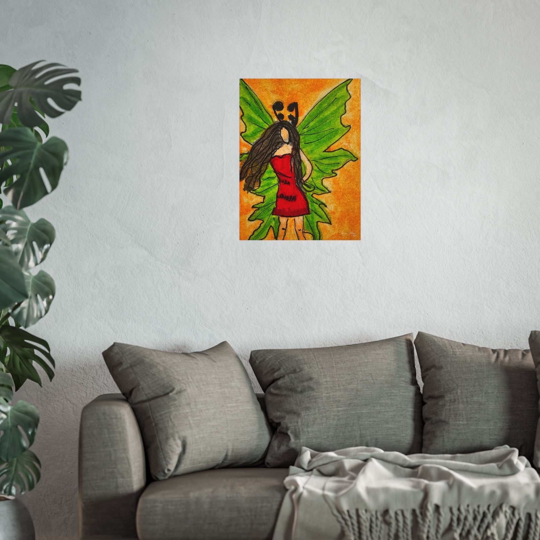 Wall-mounted fairy poster print: winged woman in red dress with green wings