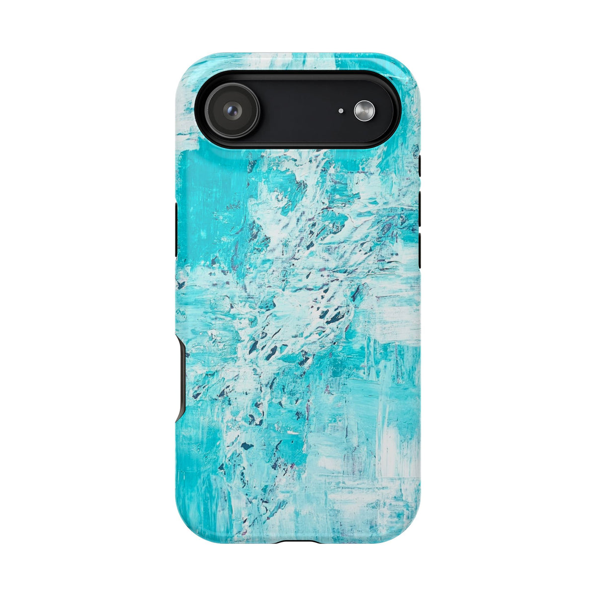 Turquoise abstract phone case with single long camera bar and side openings.