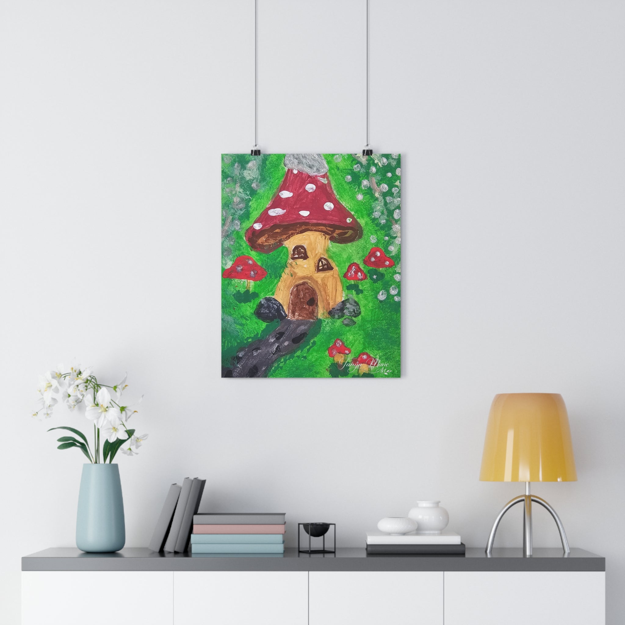 Fairy garden wall art print with red mushroom cap, small entrance, and green forest scene