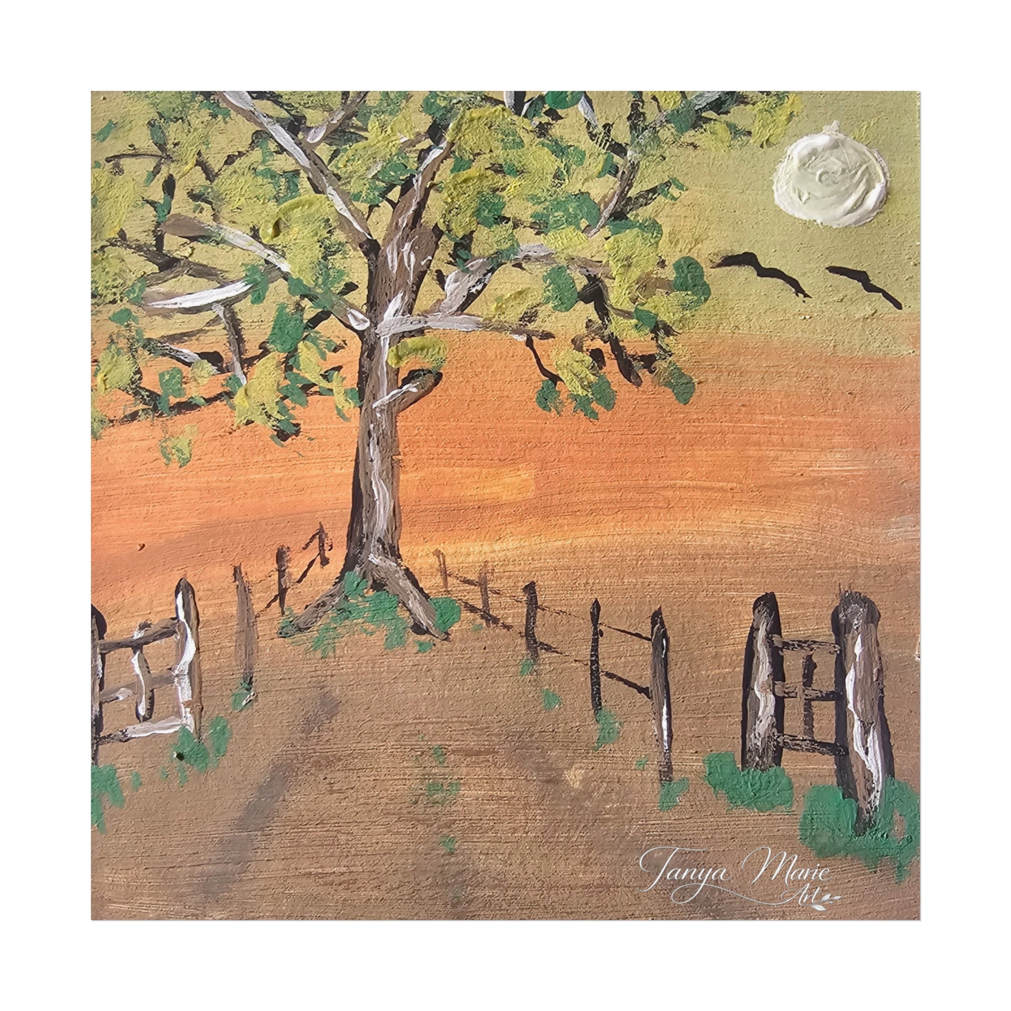 Sunset Path Fine Art Poster — Tree, Fence & Moon Landscape Print